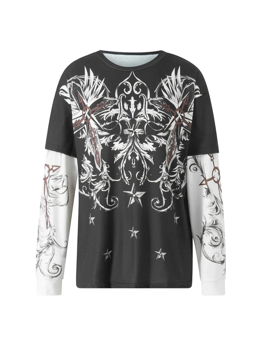 Y2k Fairy Grunge Graphic Long Sleeve Tees Tops Women E-Girls Aesthetic Gothic Skull Print Retro T Shirts E girl Emo Clothes