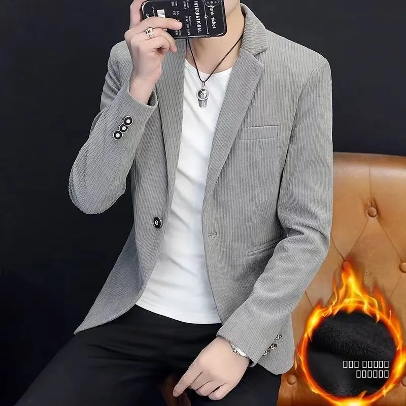 

Thiened Вельветовый повседневный мужской костюм однотонного цвета Осень-зима Faion Slim Fit Корейская версия Верхняя одежда Long Sve на пуговицах