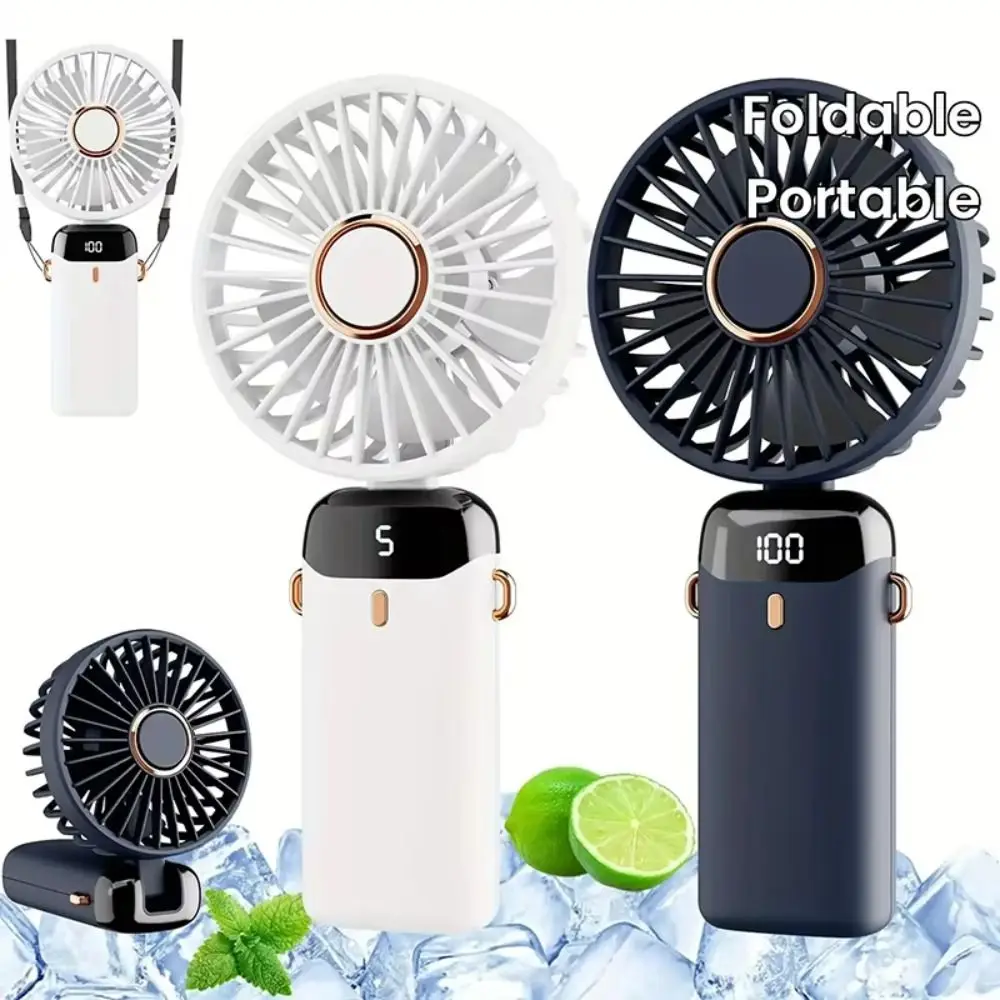 LED Digital Display Portable Handheld Fan 5 Speed Wind 90° Adjustable Rechargeable Fan USB Rechargeable 800 mAh Battery Mini Fan