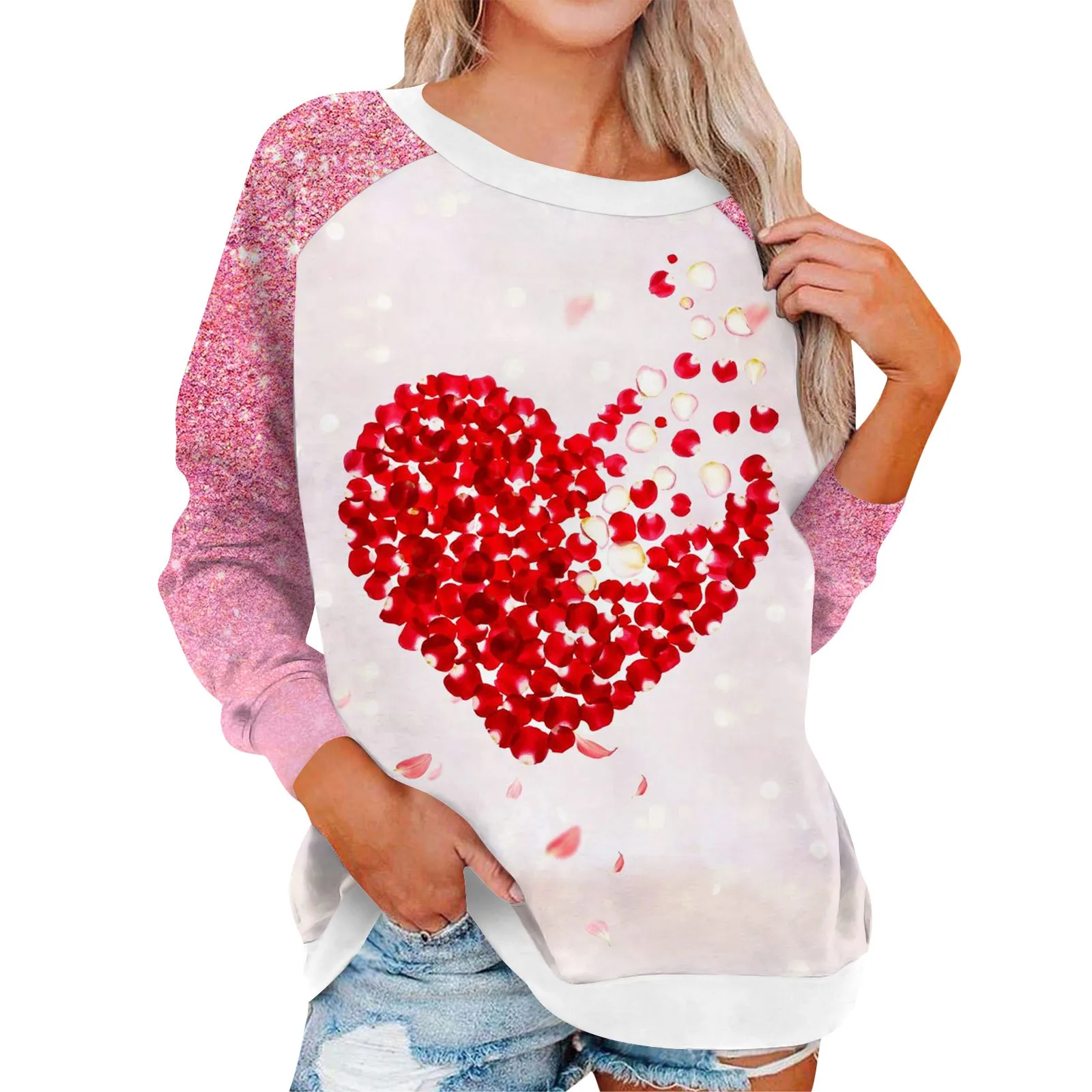 Heart Print Women Funny Pink Sweatshirts Girl Autumn Y2k Sweatshirt Female Harajuku Winter Kawaii Clothes Letter Print Sweatshir