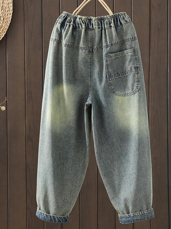 

Retro Ethnic Sle Embroidered Denim Jeans Women's Loose Slimming Weathered Nine Points Harlan Pants Casual l Waist