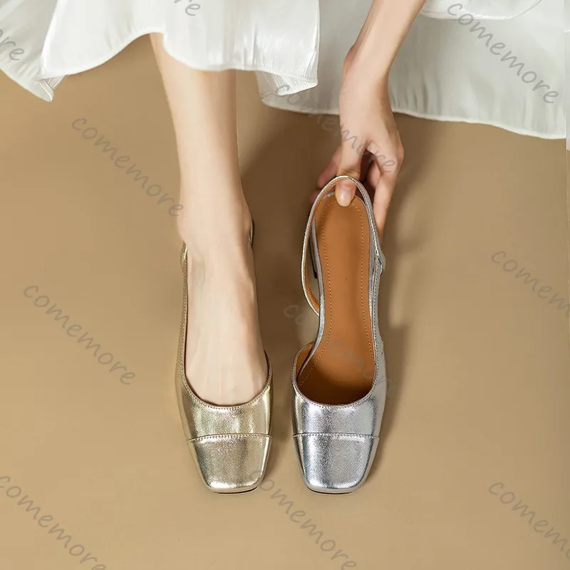 Summer French Comfortable Square Toe Shallow Mouth Pumps Back Strap Low Heel...