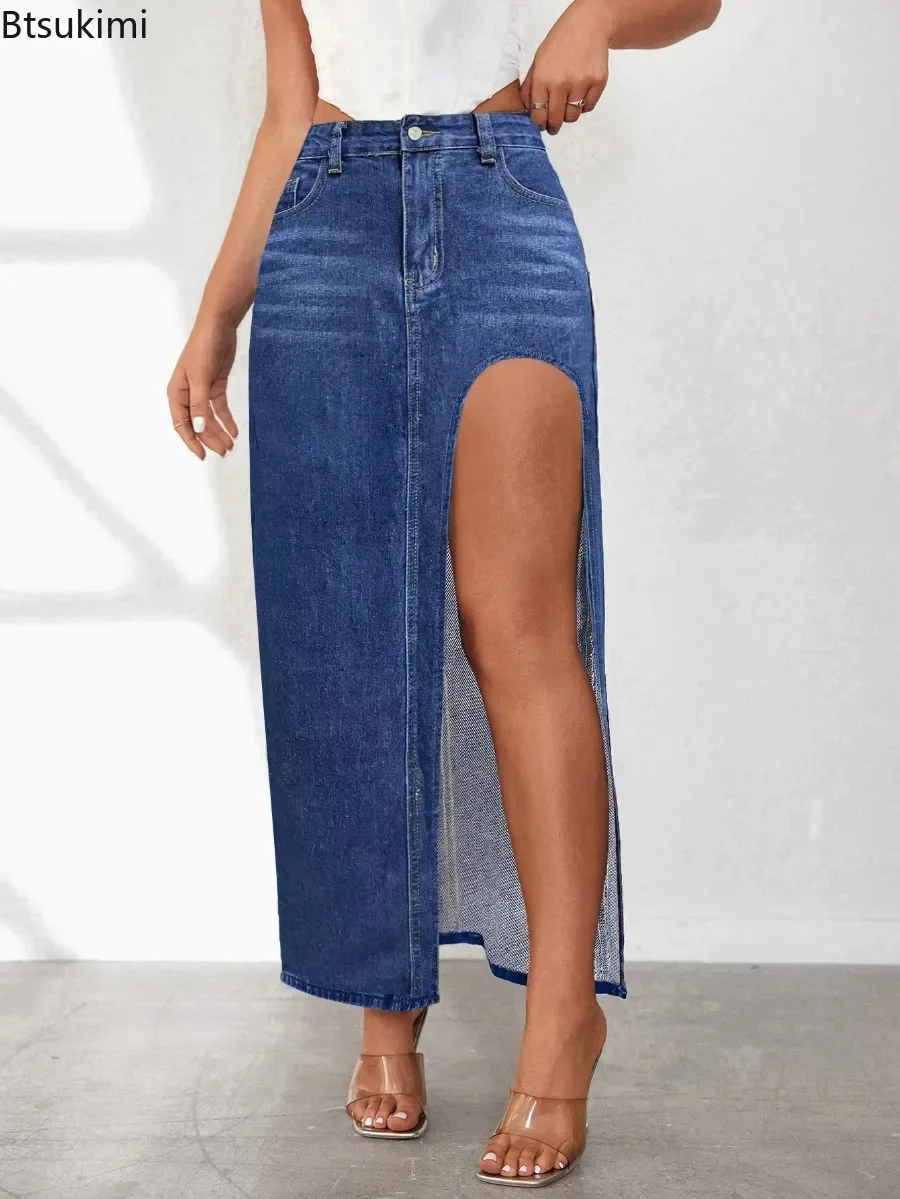 

Fashion High Split Hem Design Denim Skirts for Women Spring Summer Soft Water Washed Cowboy Maxi Skirts Ladies Sexy Half Skirts