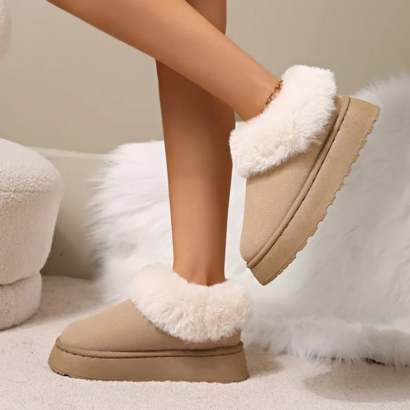Anti-slip Shoe Thick Plush Snow Boots 2025 New Women Faux Suede Platform Fur Winter Boots Woman Slip On Warm Cotton Padded Shoes