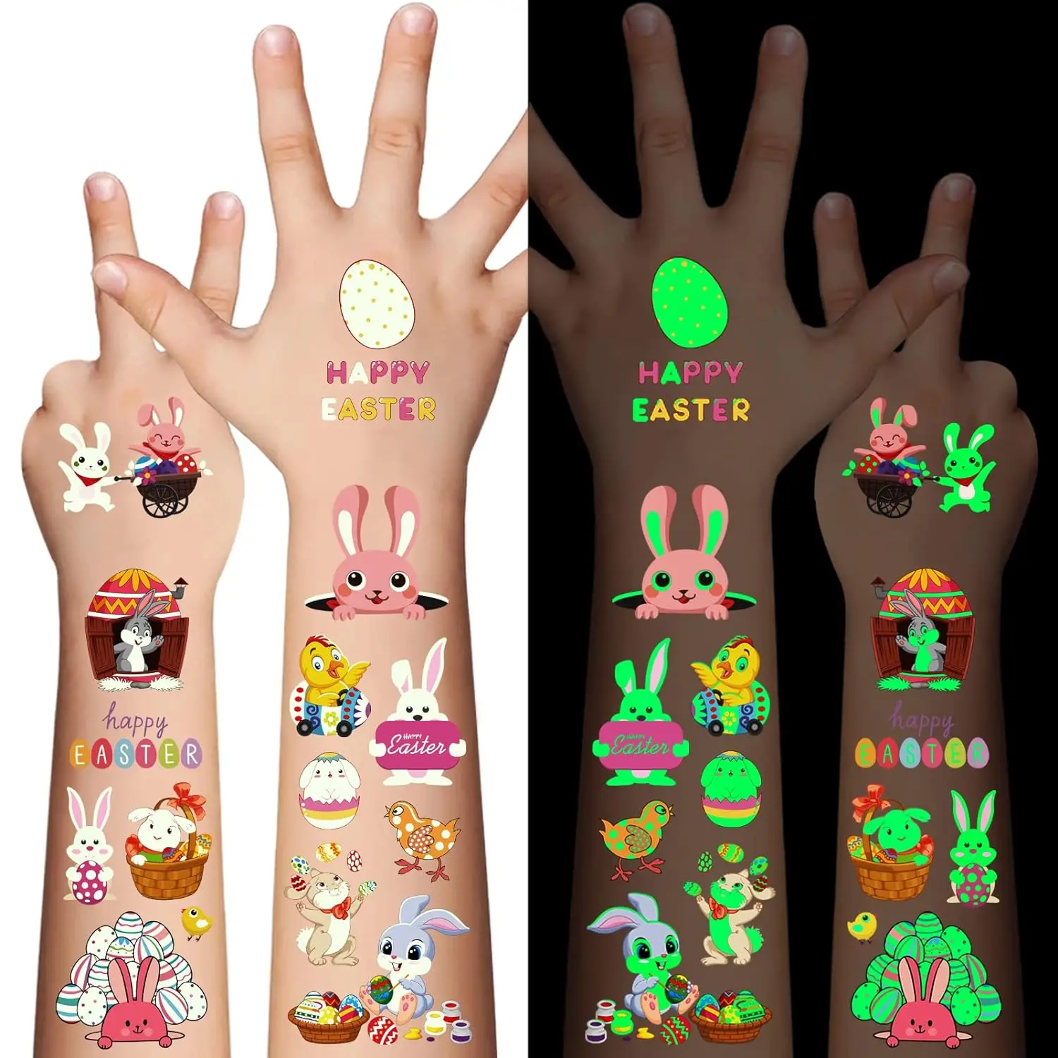 100Pcs Easter luminous temporary tattoos, Glow in The Dark Easter Basket party Tattoos stickers, dwarf colored egg carrot