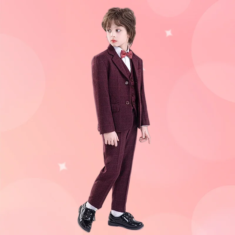 

Boys Red Plaid Performance Costume Kids 4Pieces Jacket Vest Pants Bowtie Formal Suit Set for Wedding Birthday Prom Host Parties