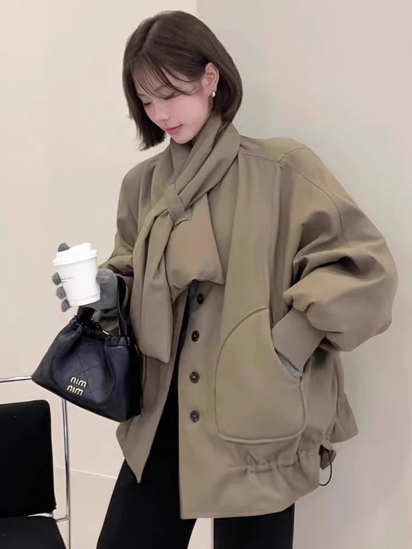 

Korean Sle Loose Fit Cotton Jaet Women's Winter Coat with Scarf Bread Design Slimming Effect Warmth Comfortable Du down...