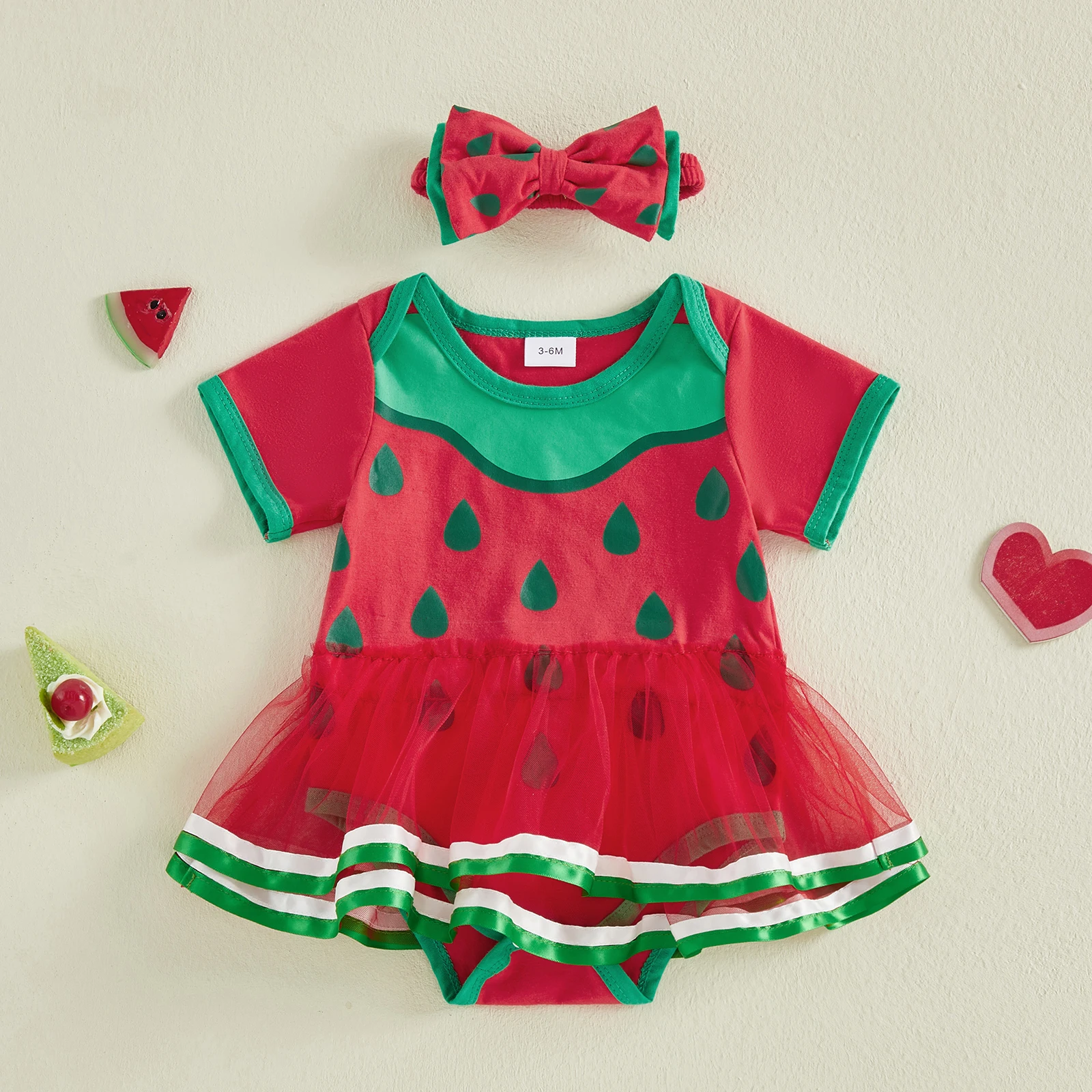 

Комбинезон для маленьких девочек с рисунком арбуза и повязкой на голову, очаровательные комбинезоны из 2 предметов для новорожденных, летние боди из тюля с короткими рукавами