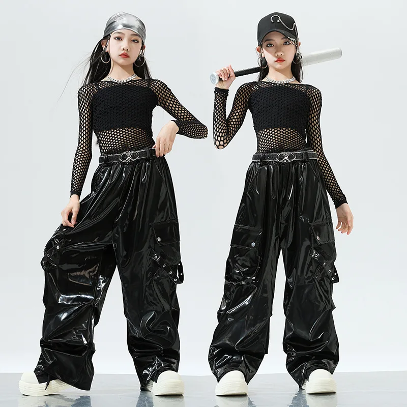 أطفال بنات ملابس رقص الجاز الأسود صافي قمم السراويل الجلدية الاطفال الهيب هوب أداء الملابس Kpop الحديثة مرحلة الرقص ارتداء