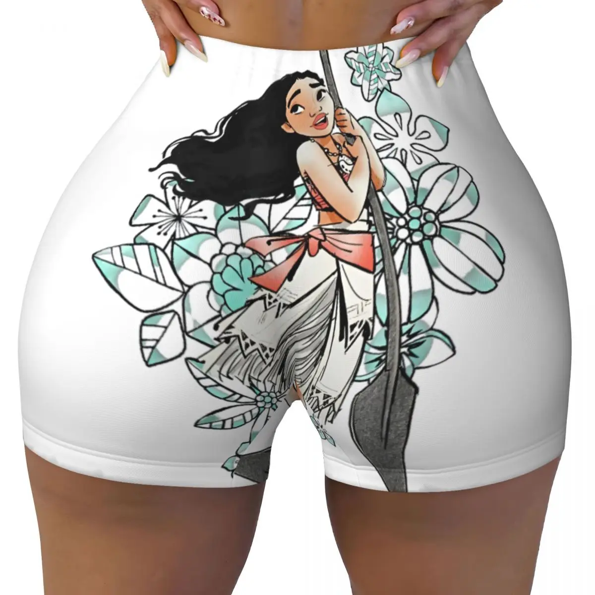 Women's Workout Yoga Tight Shorts Moana Tropical Floral Line Art Voyager Portrait High Waist Shorts Workout Pants Tights