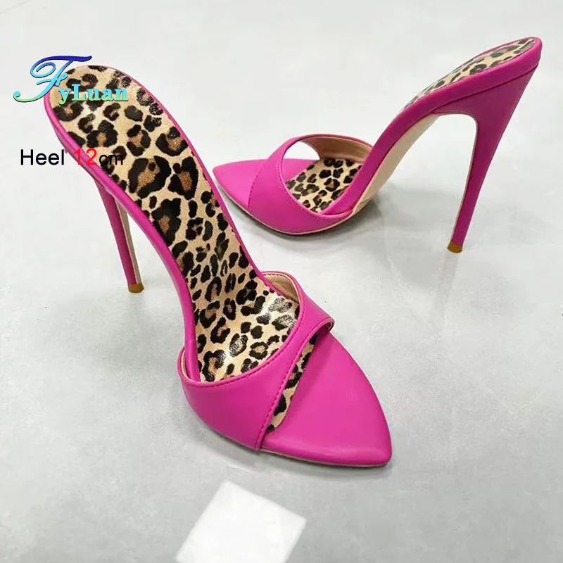 

Женские шлепанцы на высоком каблуке с острым носком в Европе и Америке, летние слипоны, пикантные женские сандалии на шпильке с леопардовым принтом 12 см