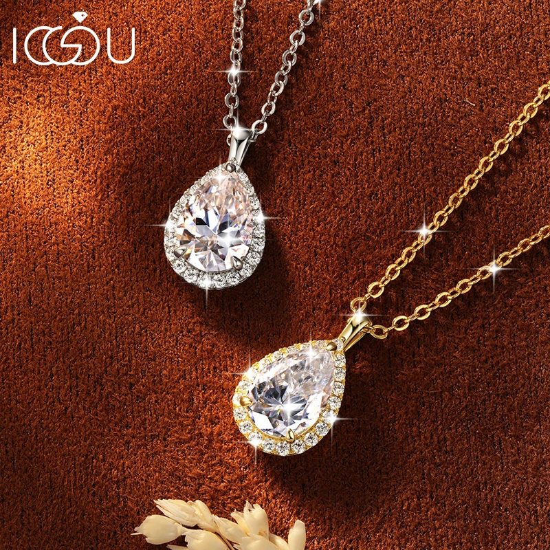 IOGOU 7x10.5mm Pear Cut D-Color Moissanite Halo Pendant Necklace VVS1 2.5CT Lab Created Diamond Women Necklace GRA Jewelry Gift