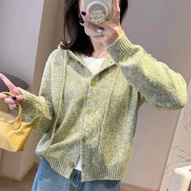 

Кардиган из 100% шерсти, женский свитер с капюшоном, модный вязаный короткий крой, европейская и американская трендовая женская куртка с длинными рукавами