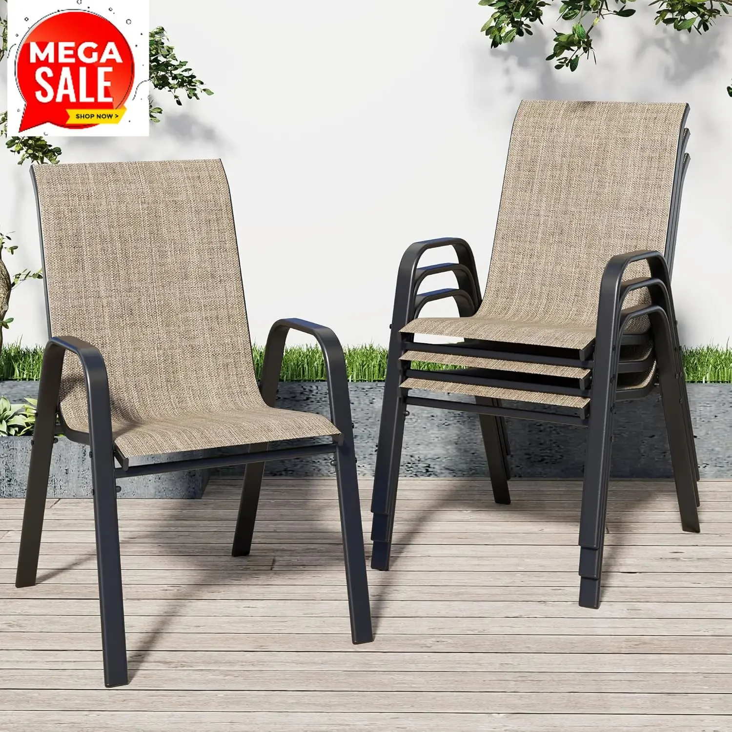 Patio Chairs Set of 4, Stackable Outdoor Dining Chairs for All Weather Textilene Fabric & Metal Frame, Outdoor Chairs Set for Ba