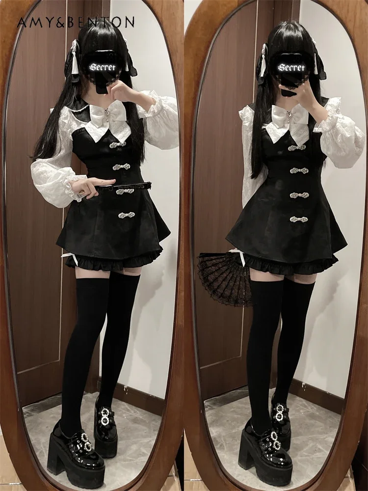 Conjunto de vestido de Jacquard de la serie Mine japonesa, conjunto de dos piezas con cuello de muñeca Lolita, vestido con manga acampanada y lazo, pantalones cortos para mujer