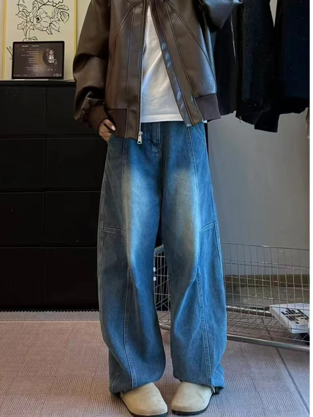 

Deep Blue Washed Knife Men's Denim Jeans Fall Season Deconstructed Wide Leg American Style Paratrooper Workwear Trousers
