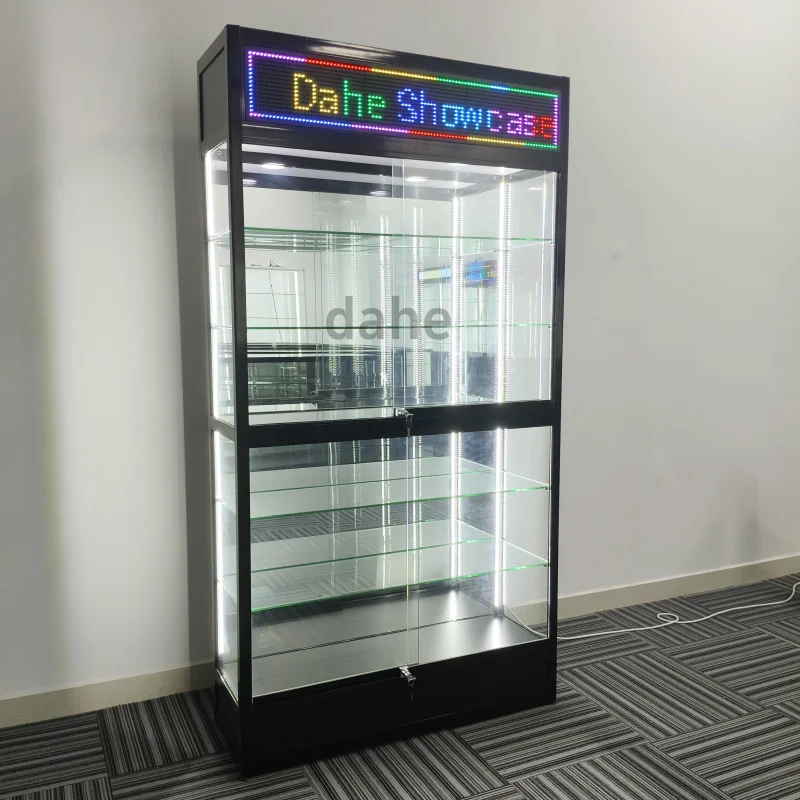 custom.Smoke Shop Decor Led Scrolling Screen Glass Display Showcase with Lights Retail Store Aluminum Glass Cabinet