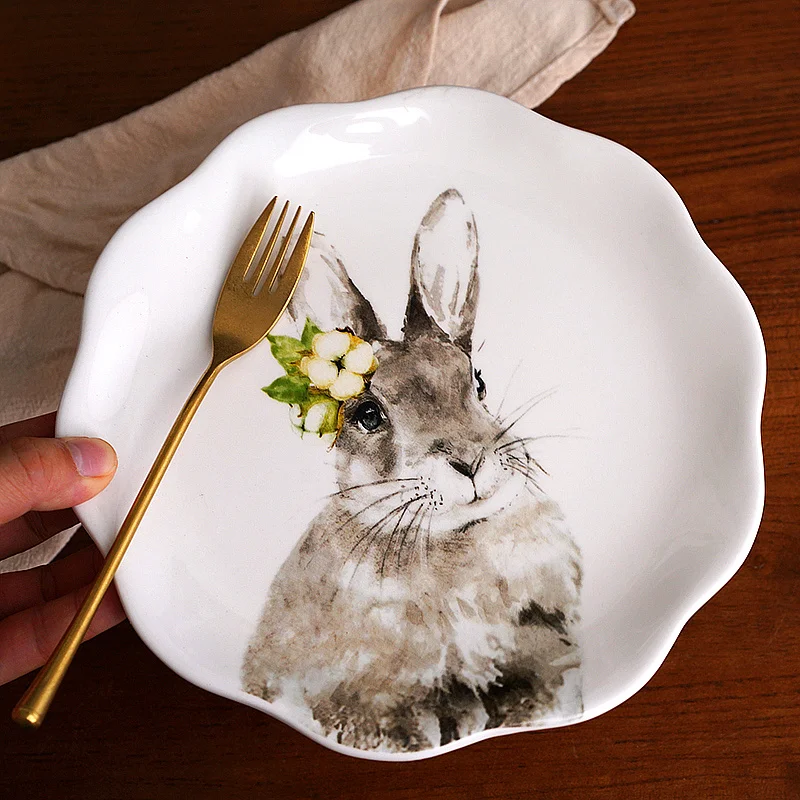 Country pastoral style cute cartoon rabbit 8.5 inch dinner plate, household dish breakfast steak plate