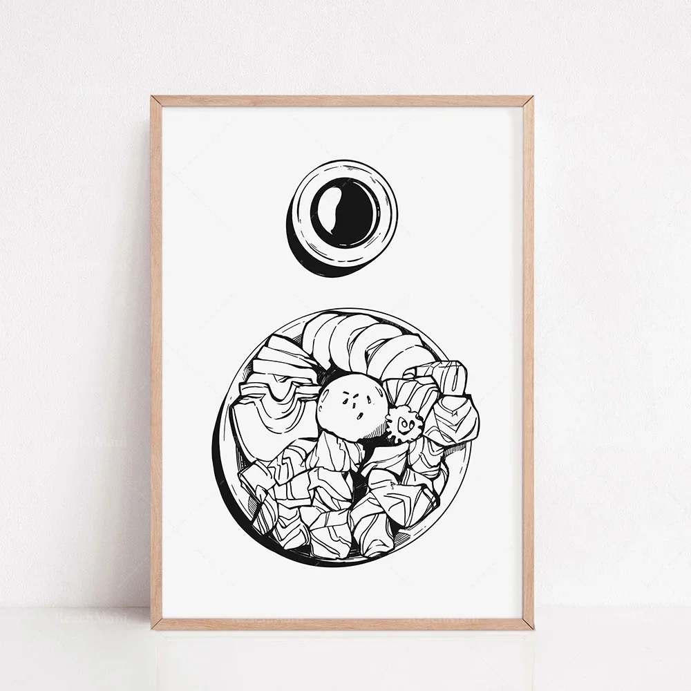 ياباني ، ملصق طعام إسبانية ، رامين ، بوم ديا برتو قهوة ، Thé marocain à la menthe ، سمك ، كرواسون ، سوشي ، تزيين الفواكه