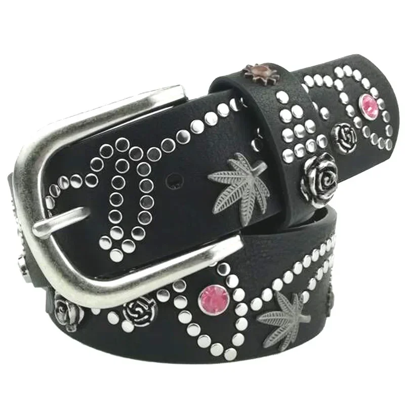 2026 Women Belt Luxury Brand Designer Leaves Flowers Rhinestone Rivets Pin Buckle PU Leather Belts for Women Jeans Waistband