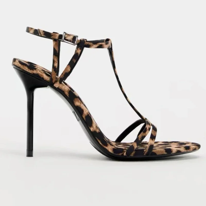 Sexy Leopard Print Open Toe High Heels for Women Elegant Narrow Strap Slingback Heeled Sandals Round Toe Party Dress Woman Shoes