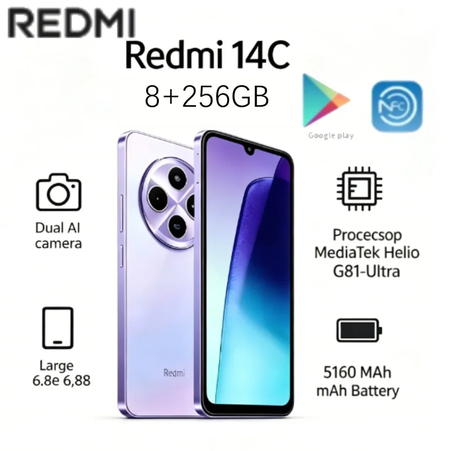 2026 (Latest Model) Redmi 14C Global Edition: 8+256GB storage, 120Hz display, 50-megapixel dual-camera system, and 5160mAh batte