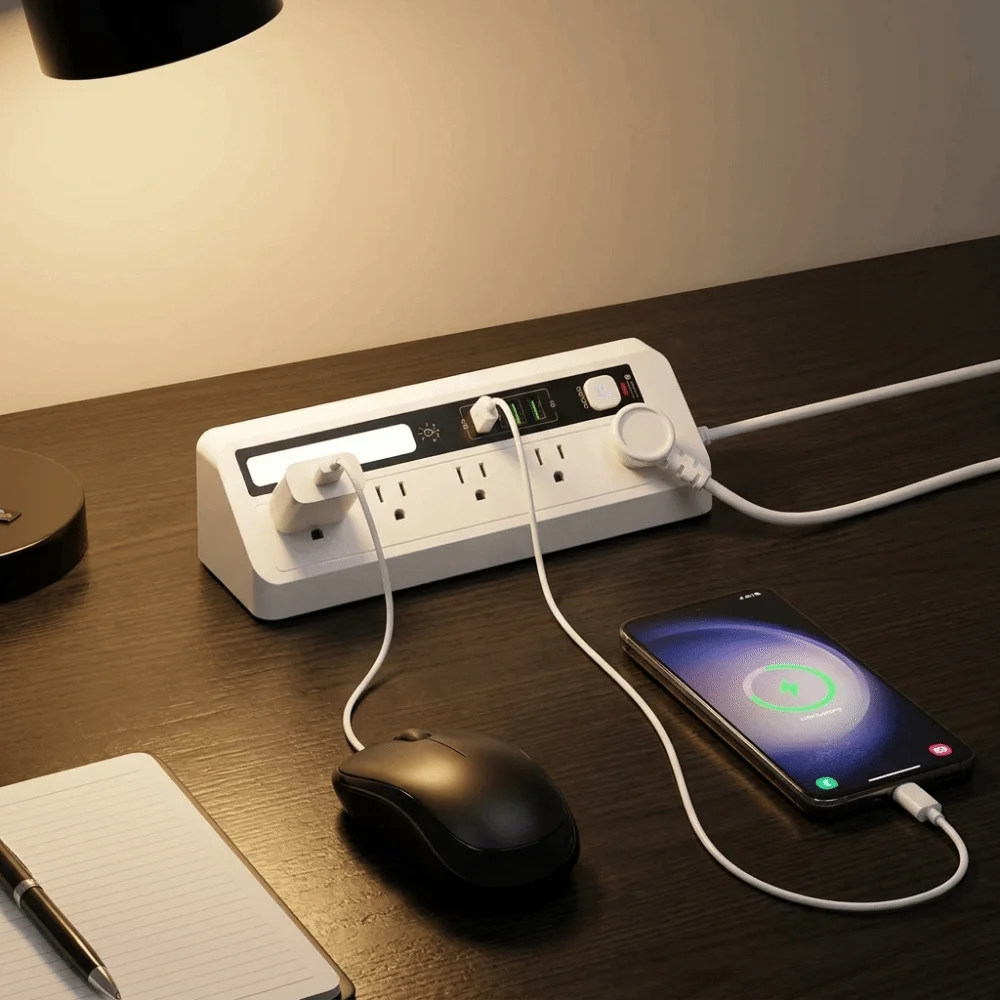 Touch Activated Desktop Charging Strip 3 Color Flame-Retardant Shell USB Charging Station 2AC 2USB Compact Portable