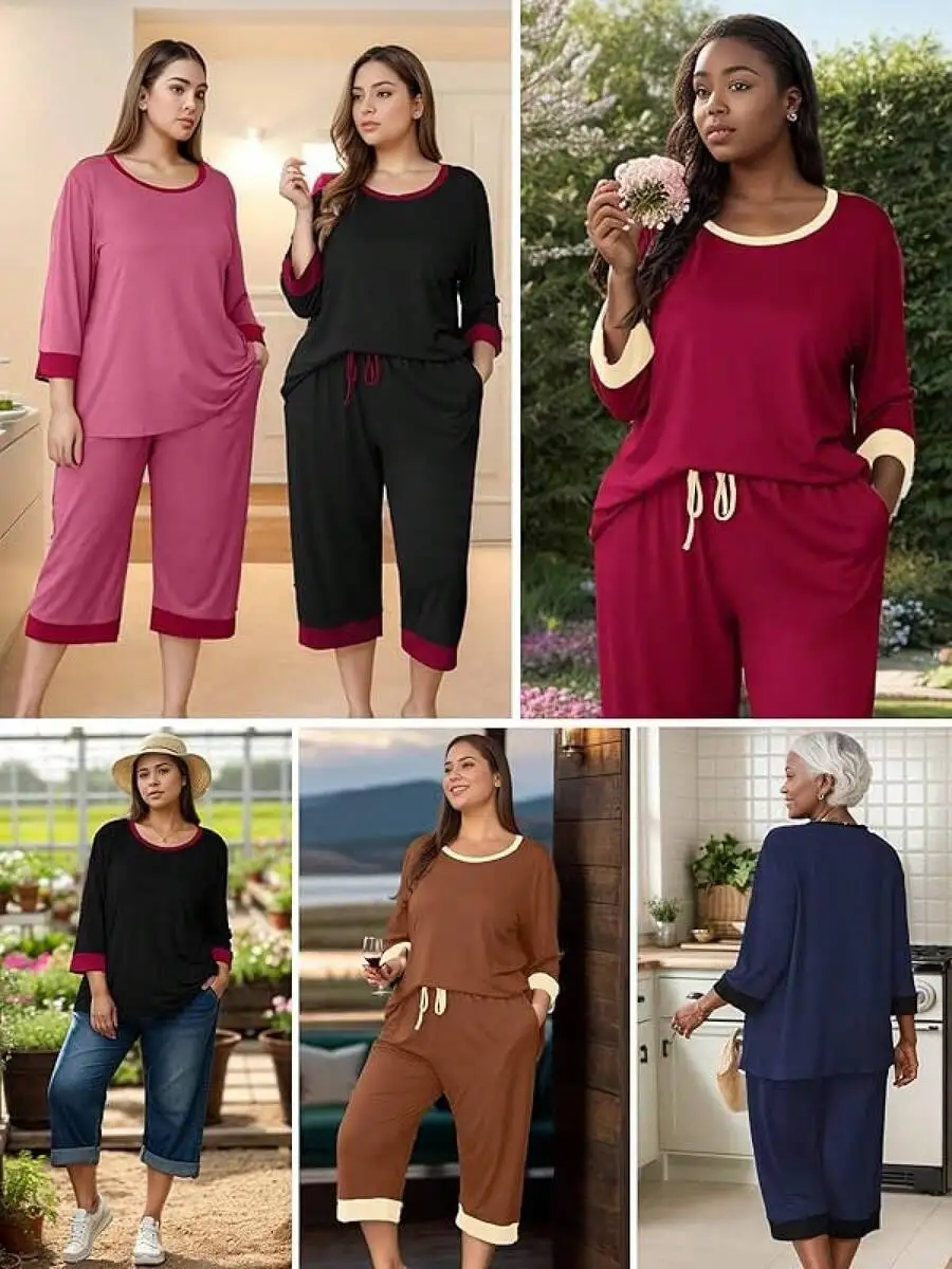 Women Plus Size 3/4 Sleeve Pajama Set Capri Pants Lounge Sleepwear With Pockets