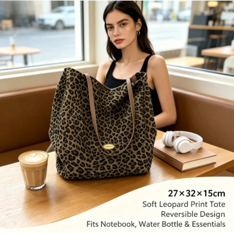 Leopardenmuster Doppelseitige Canvas-Schultertasche Große Kapazität Tragbare Tragetasche College-Stil Freizeit Mode-Accessoire – Detail 6