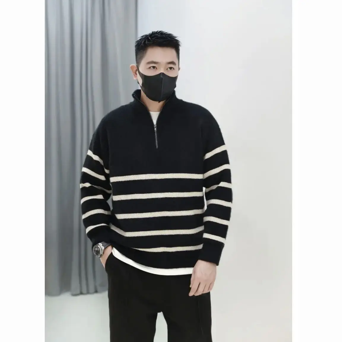 Autumn and winter style high end lazy style off shoulder striped contrast sweater men casual couple outer wear bottoming sweater