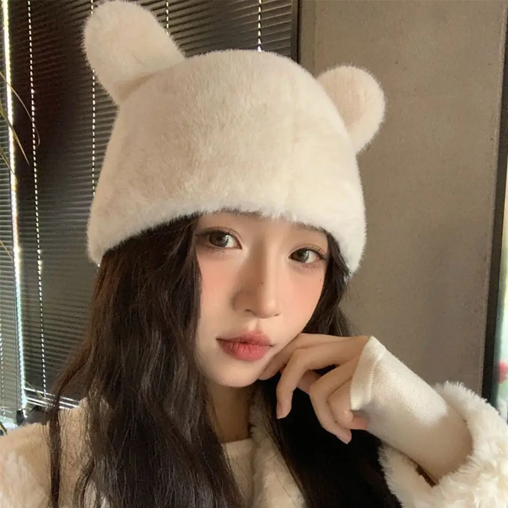 لطيف الشتاء فو الفراء قبعة رقيق عارضة الدب الأذن قبعة حماية الأذن الدافئة المرأة قبعة صغيرة القبعات الفتيات