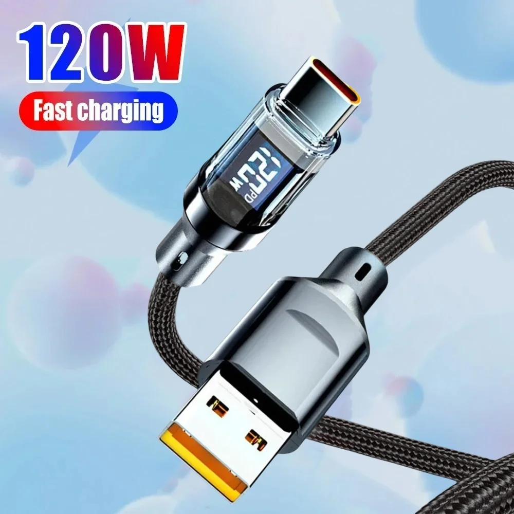 120W USB-A-auf-Typ-C-Kabel mit LCD-Display, superschnelles Laden für iPhone, Huawei, Xiaomi, Samsung, Android, universelles Handy-Ladegerät