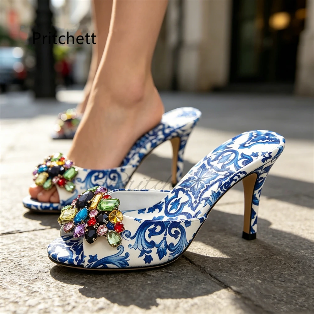 

High Heels Prints Jewel Slippers for Women Bohemian Colorful Crystal Open-Toe Stiletto Blue Red Yellow Summer Vacation Shoes