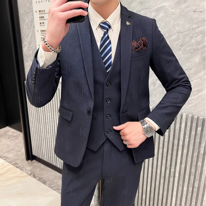 

British Groom Wedding Suit (suit + Waistcoat + Trousers) 2024 Fashion Business Handsome Matching Trend Men's Three-piece Set