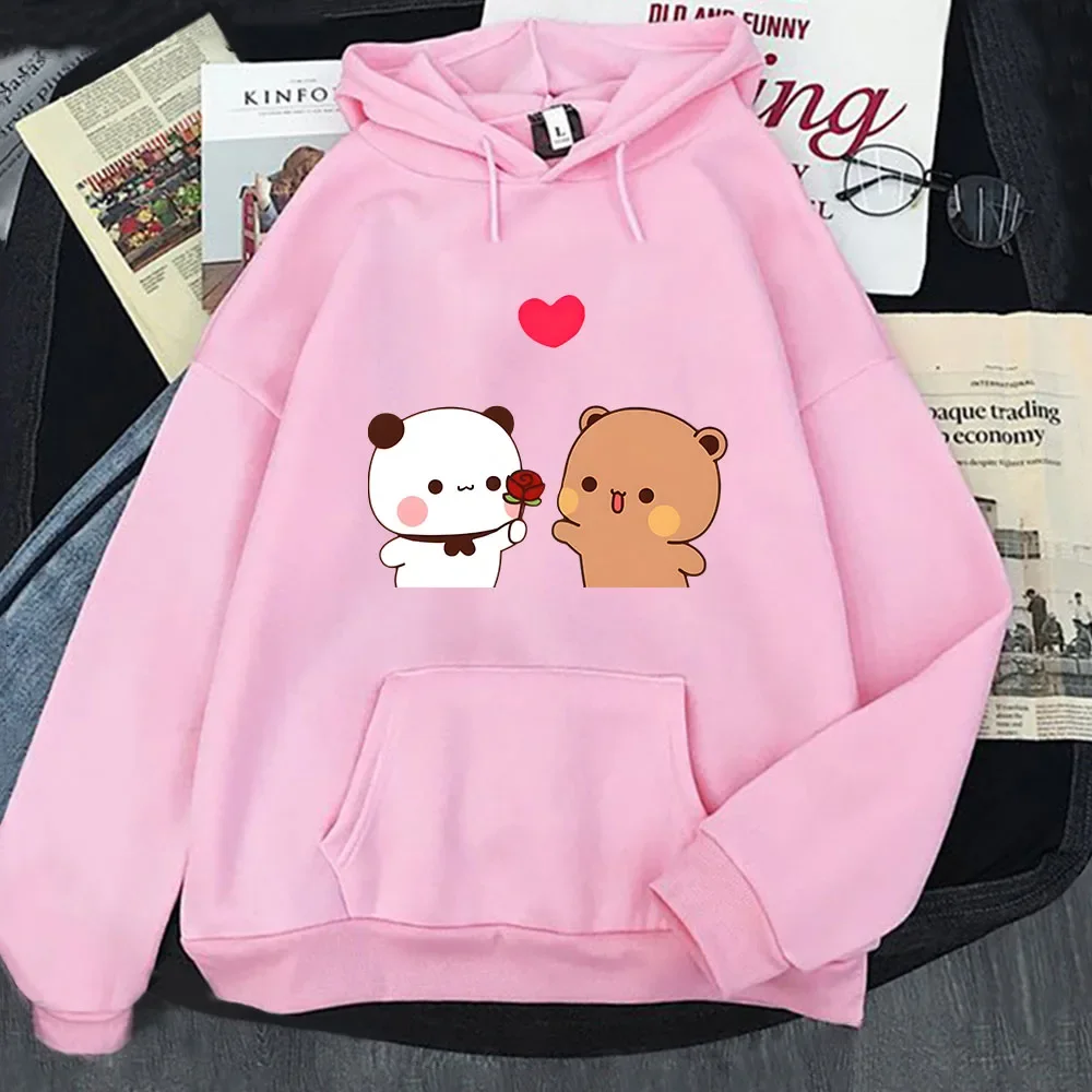 Bubu Is Giving Rose To Dudu Hoodies Kawaii Panda and Bear Sweatshirt with Hooded Fleece Women Clothing Y2k Pullover Kpop Casual
