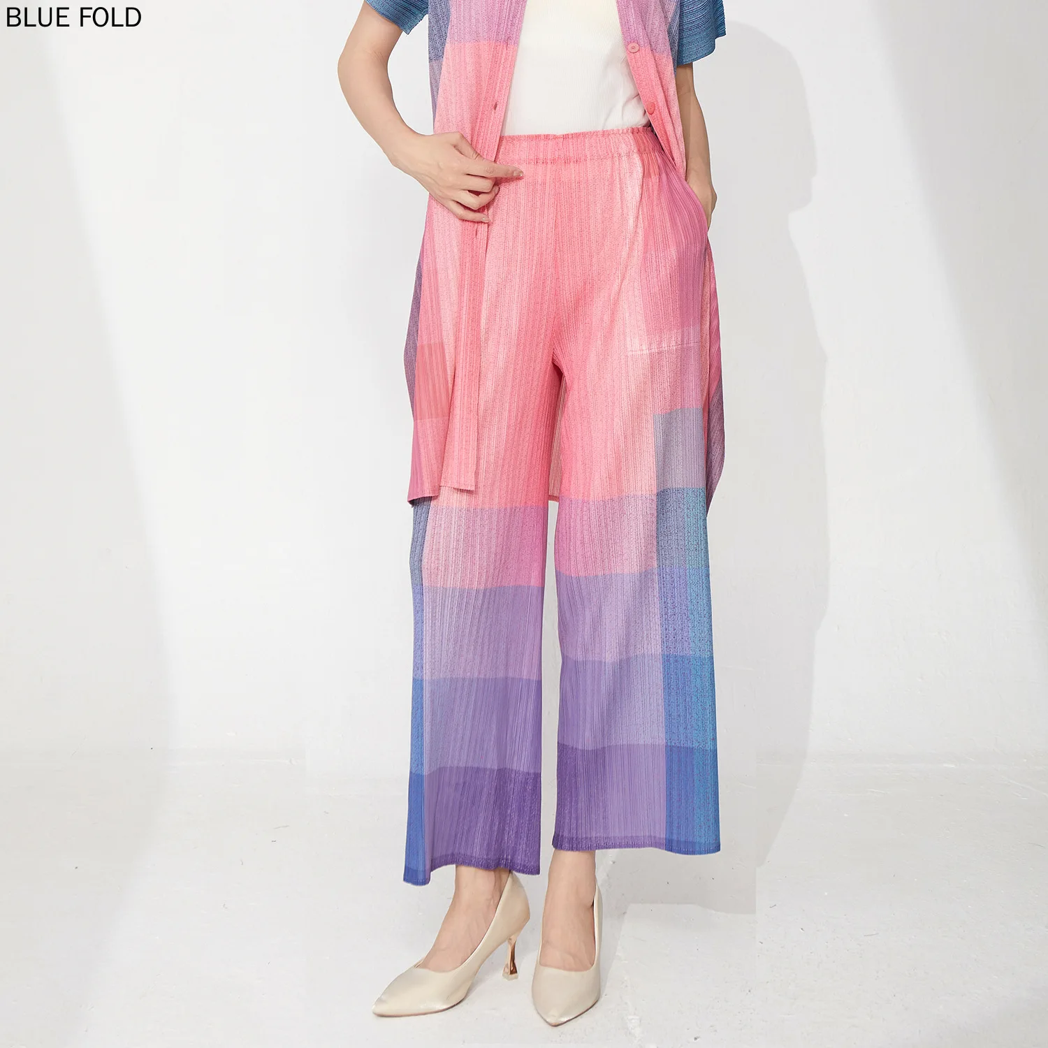 

MIYAKE PLEATS женские летние повседневные брюки градиентного цвета, высококачественные свободные и универсальные длинные прямые брюки с драпировкой