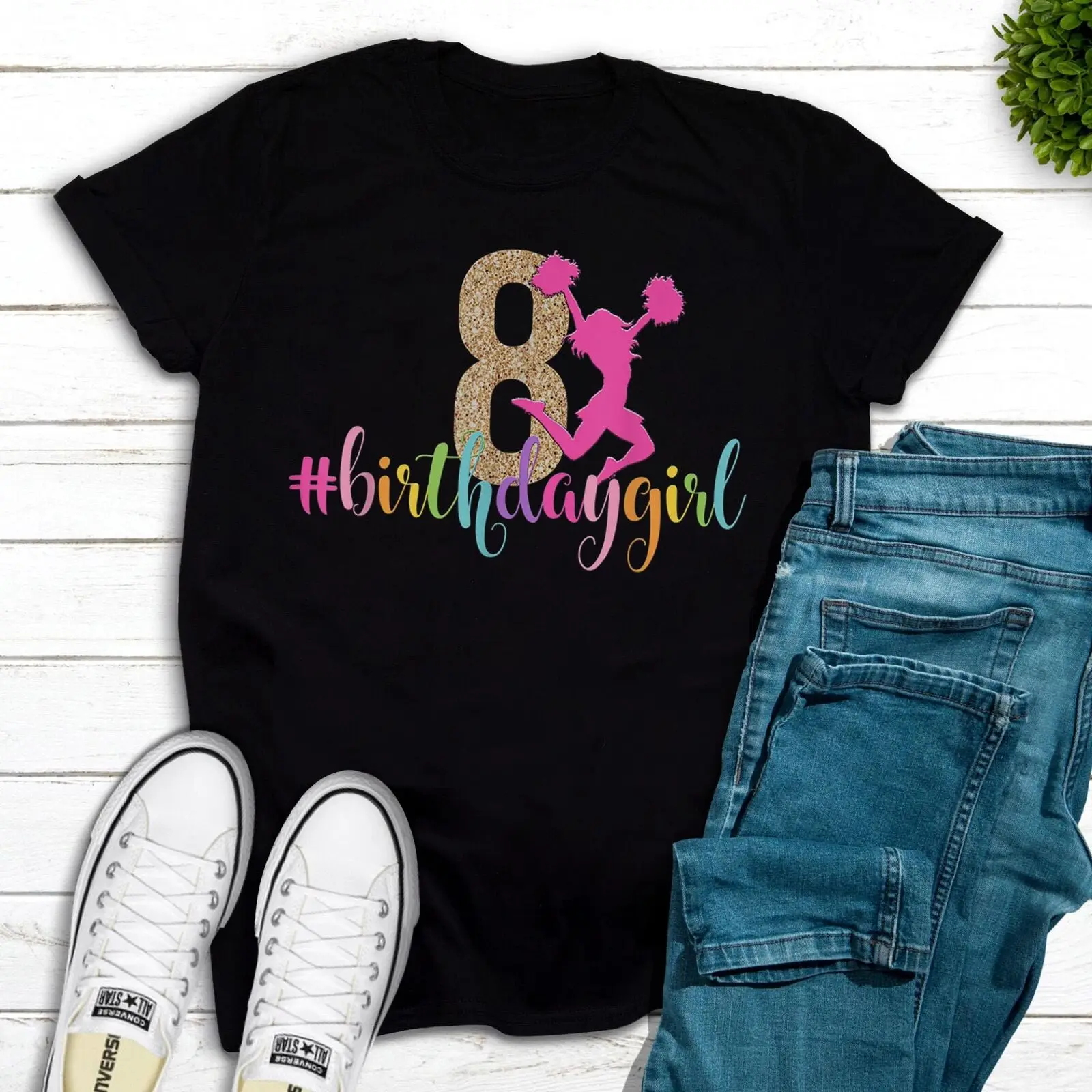 8th Birthday Girl Cheerleader Rainbow Cheerleading T-Shirt