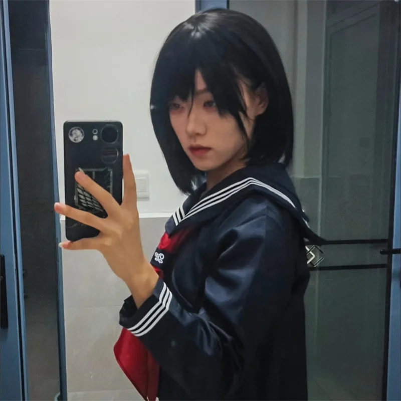 게임 사일런트 힐 F ‌ 시미즈 히나코 ‌   성인 코스프레 가발 짧은 검은 머리 내열성 합성 가발 할로윈 카니발 소품