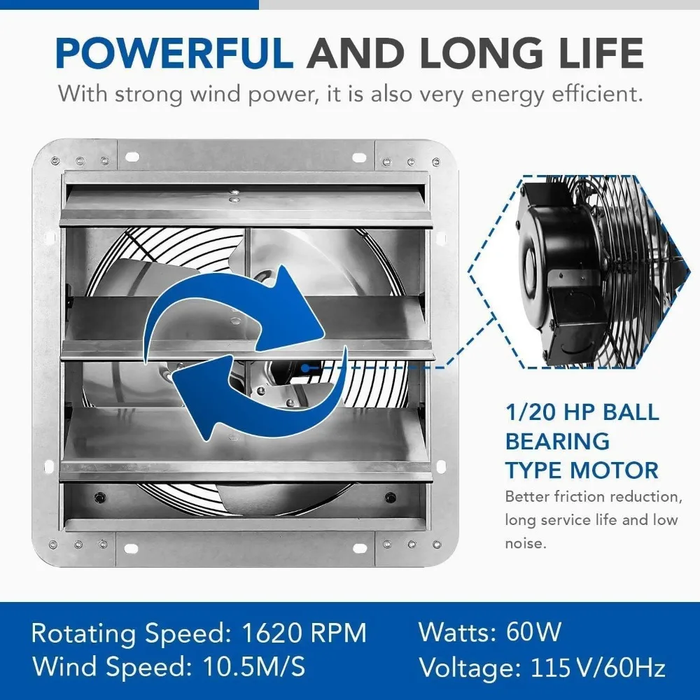 Ventilador de escape de obturador de aluminio de 12 pulgadas con cable de alimentación, alta velocidad, 1620RPM, 1800 CFM, plateado (paquete de 1)