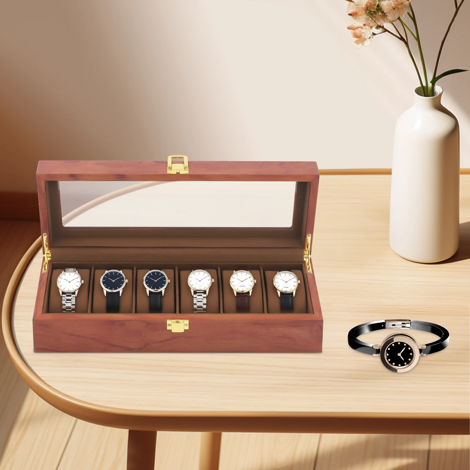 

Коробка для хранения и демонстрации часов на 6 слотов из экокожи, классический бестселлер, пылезащитная, с замком и стеклянным окном