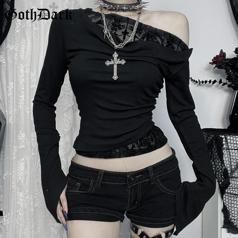 

Goth Dark Autumn Fashion Long Sleeve Oblique Shoulder Tops Elegant Flocking Mesh Patchwork T-shirts Mall Goth Techwear Alt Cloth