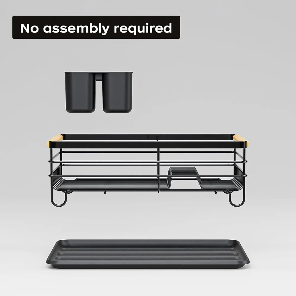 Escurridor de platos de cocina pequeño con mangos de madera, metal engrosado, sin necesidad de montaje para espacios compactos