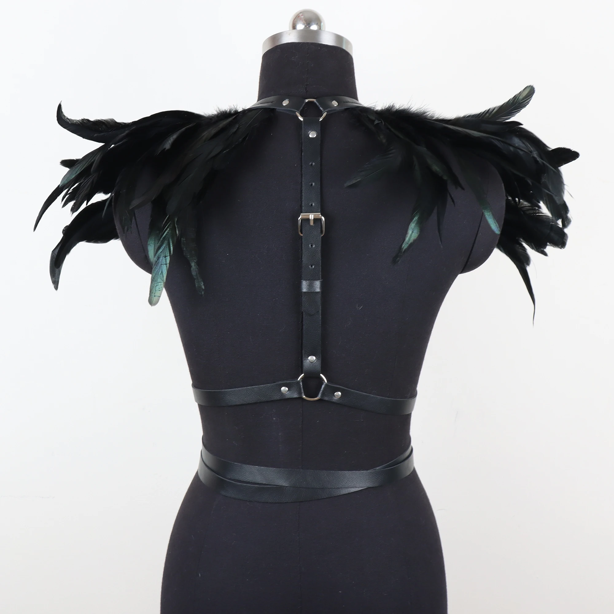 Women\'s Gothic Punk Style Feather Shoulder Armor Cape Vest Faux Leather Suspenders Halloween Masquerade Party Accessories