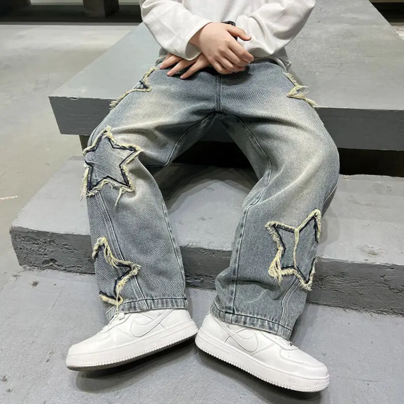 Teen Boys' pants Spring/Autumn five-pointed star splicing raw edge jeans boys wide-leg pants washed denim youth pants 5-14 years