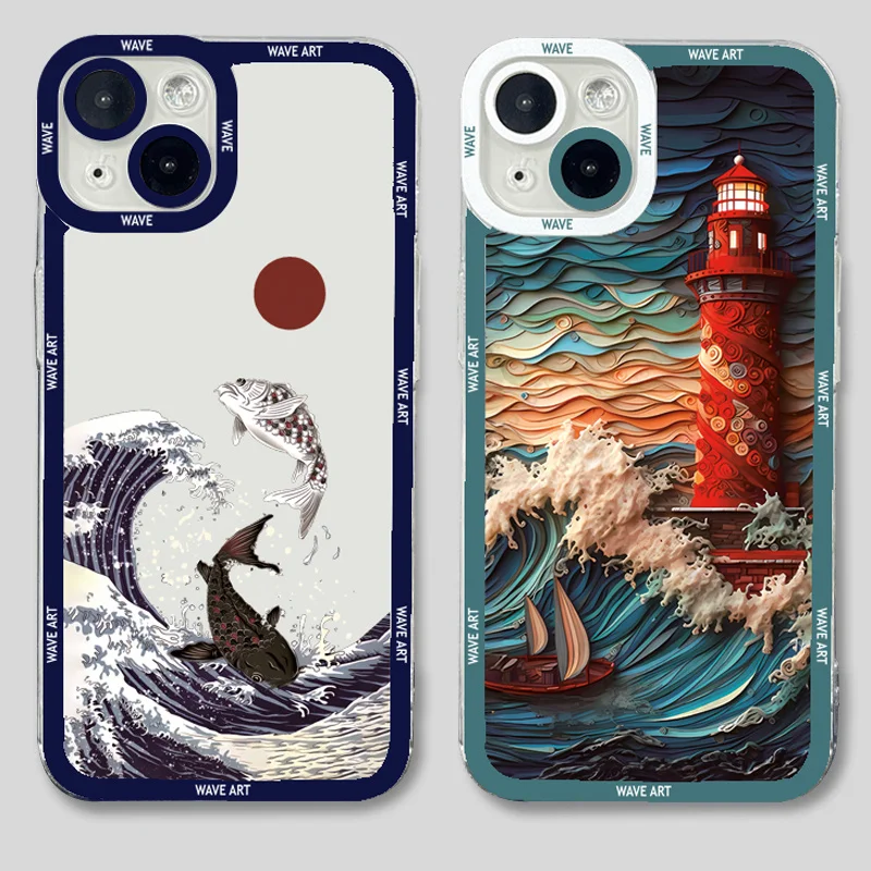 Japanese Anime Wave Lighthouse Phone Case for Xiaomi Mi 13T 11T 12T 14 13 11 Lite 5G NE Poco M6 X5 X3 F5 X6 Pro 5G Soft Cover