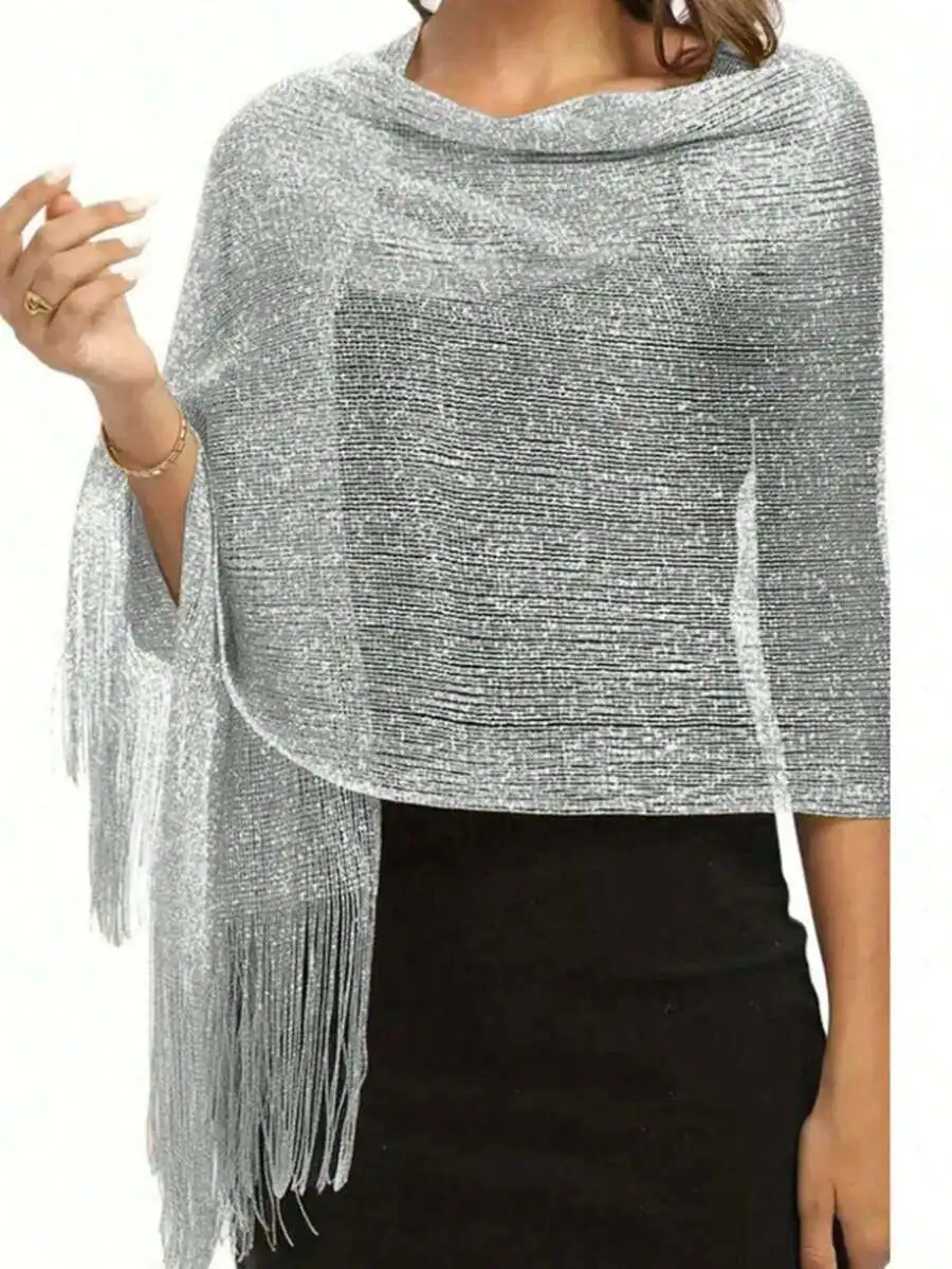 

Shiny Metallic Fringed Shawl Wrap For Party Evening Wedding