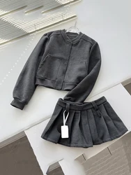 2024Spring Autumn Two Piece Skirt Set Women O Neck Grey Woolen Short Jacket+Solid Grey Short Skirt New Y2k Skirt Suit Streetwear