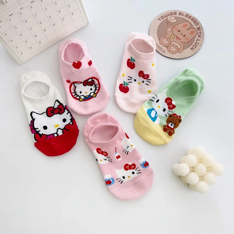 

5pairs Kawaii Cute Sanrio Hellokitty My Melody Kuromi Cinnamoroll Pochacco Pompompurin Socks Boat Socks Cute Girl Birthday Gift
