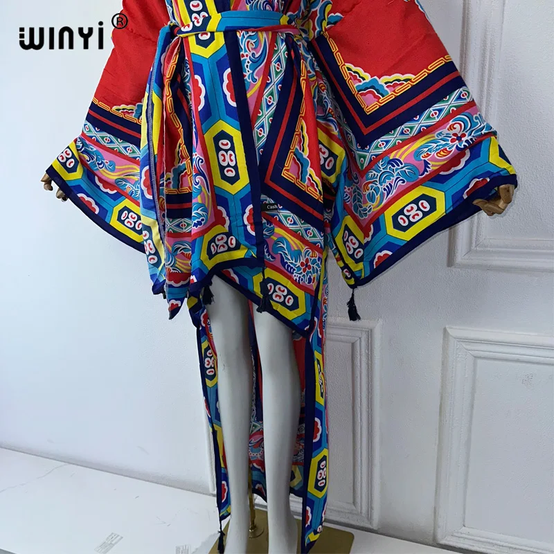WINYI Summer Beach Wear Cover Up Lady Boho Cardigan printing elegant sexy Holiday Kimono maxi dress abaya dubai luxury