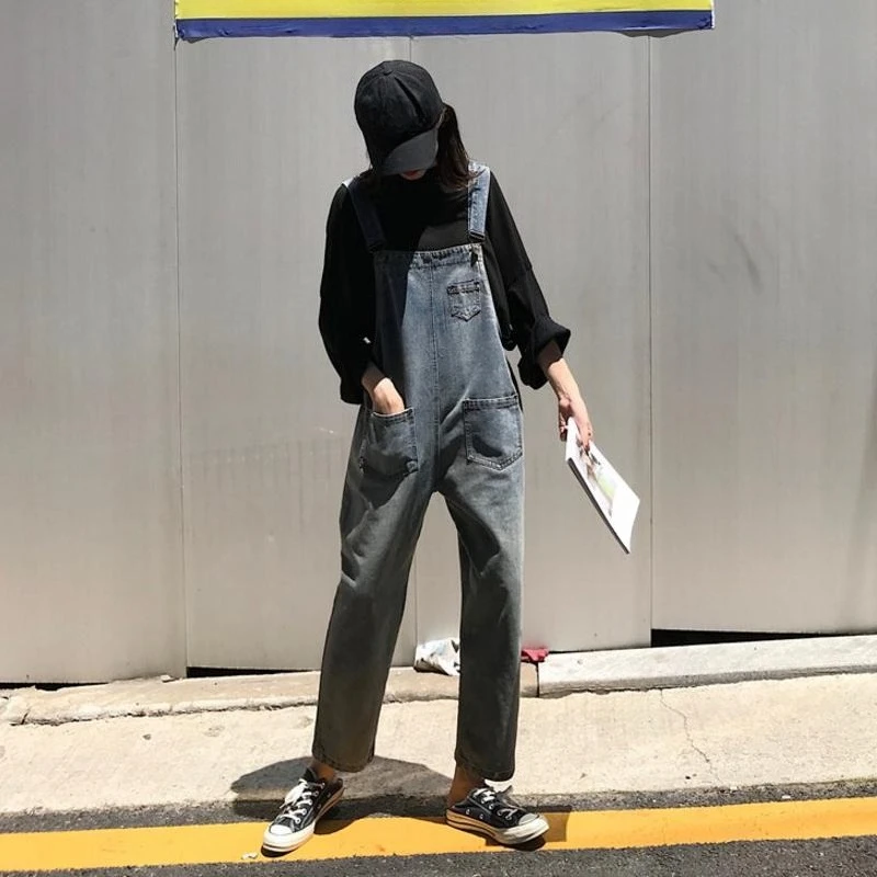 

Women's Denim Overall Pants Korean Fashion New Loose Wide Leg Slimming Design Versatile Suspender Jeans For Student Daily Wear